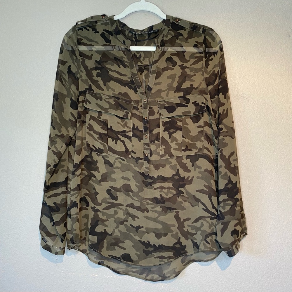 Zara Basic Womens Army Green Camo Streetwear Sheer Long Sleeve Blouse Size L